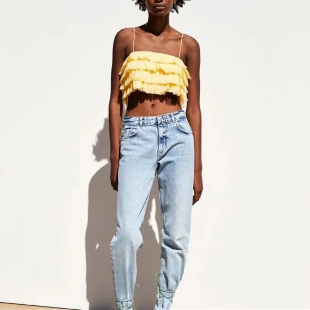 Zara ruffled tulle tank crop‎ top in butter yellow